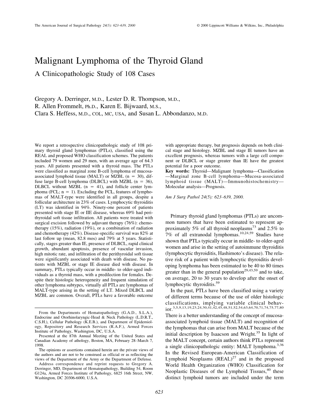 Malignant Lymphoma of the Thyroid Gland a Clinicopathologic Study of 108 Cases