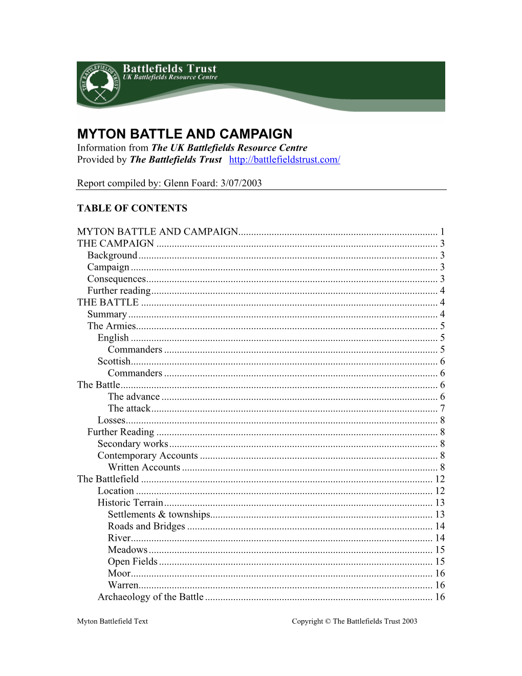 MYTON BATTLE and CAMPAIGN Information from the UK Battlefields Resource Centre Provided by the Battlefields Trust