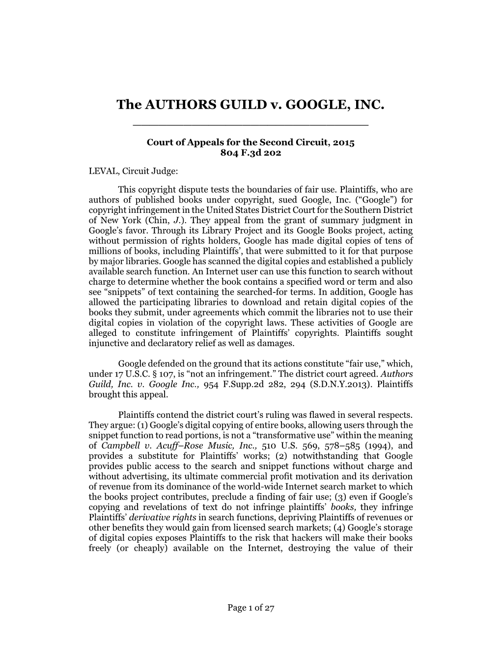 The AUTHORS GUILD V. GOOGLE, INC. ______