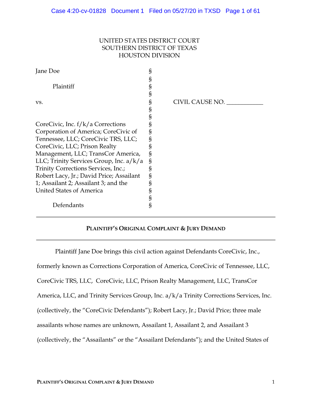 Case 4:20-Cv-01828 Document 1 Filed on 05/27/20 in TXSD Page 1 of 61