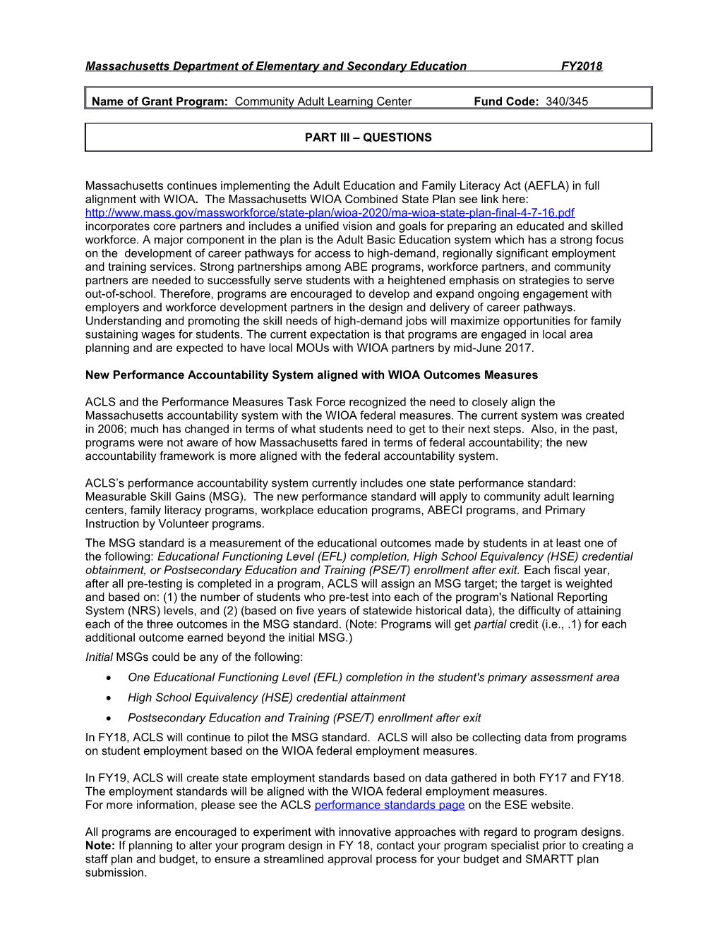 FY2018 Fund Code 340-345 Community Adult Learning Center Part III