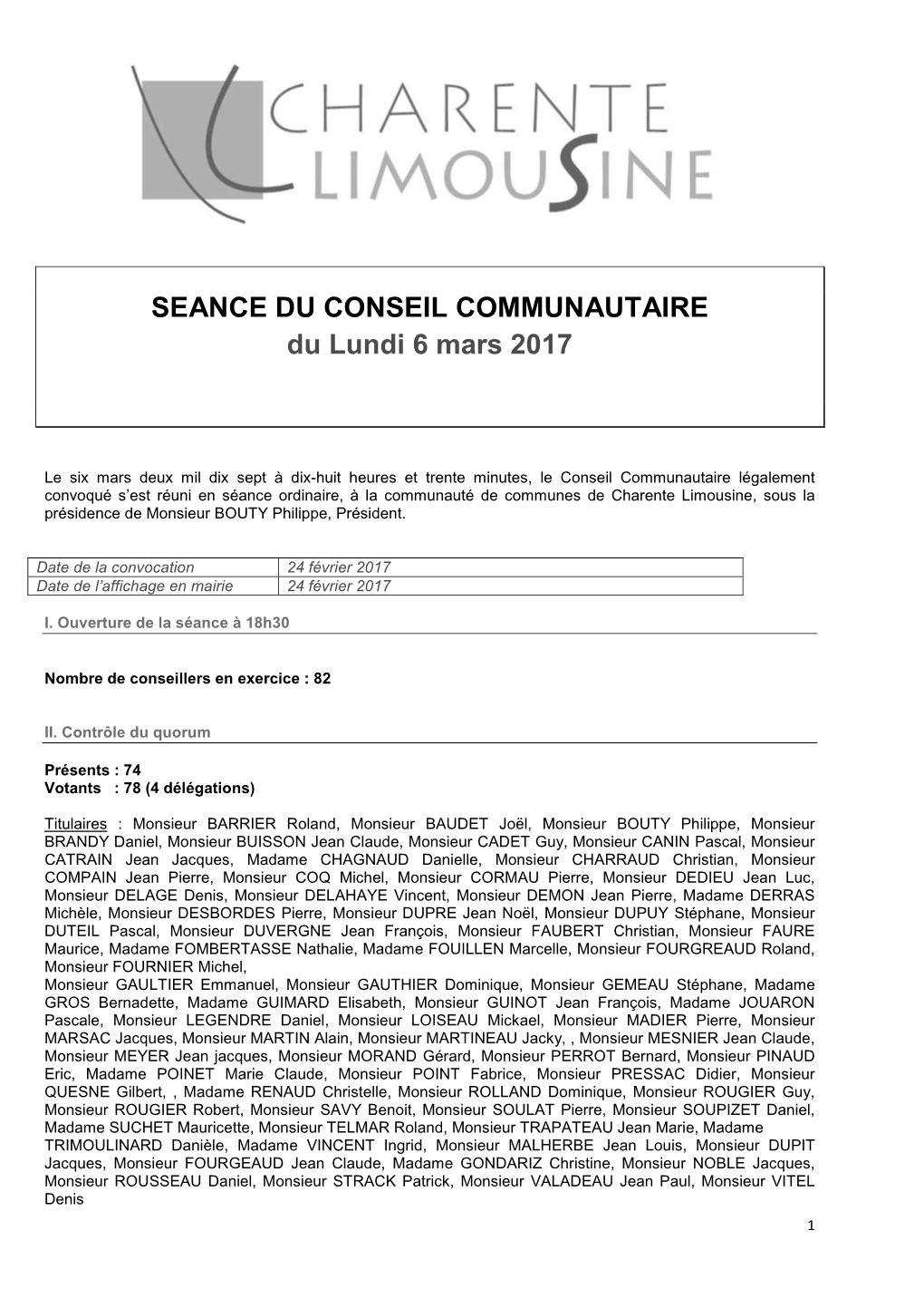 SEANCE DU CONSEIL COMMUNAUTAIRE Du Lundi 6 Mars 2017