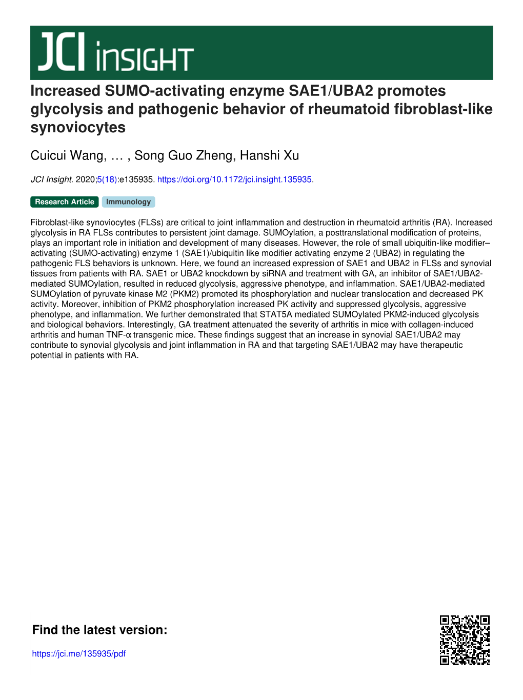 Increased SUMO-Activating Enzyme SAE1/UBA2 Promotes Glycolysis and Pathogenic Behavior of Rheumatoid Fibroblast-Like Synoviocytes