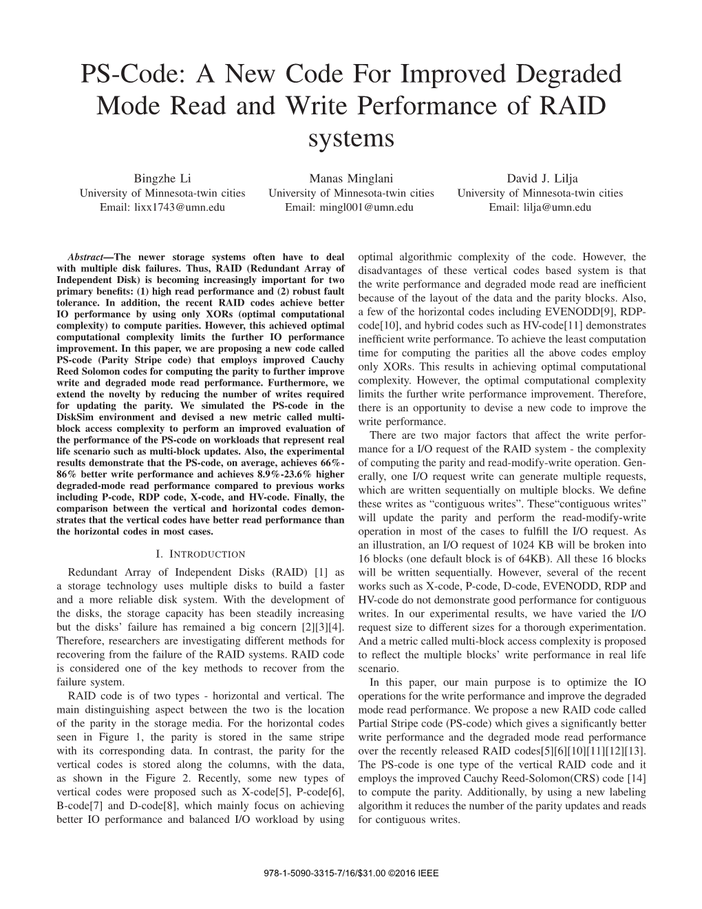 PS-Code: a New Code for Improved Degraded Mode Read and Write Performance of RAID Systems