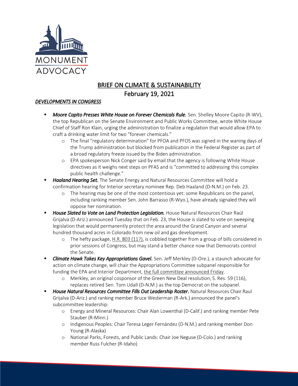 BRIEF on CLIMATE & SUSTAINABILITY February 19, 2021