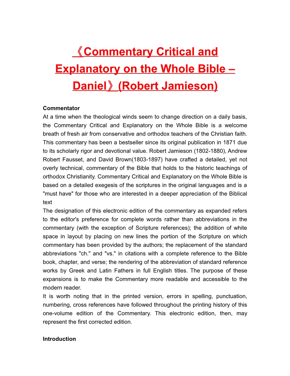 Commentary Critical and Explanatory on the Whole Bible Daniel (Robert Jamieson)