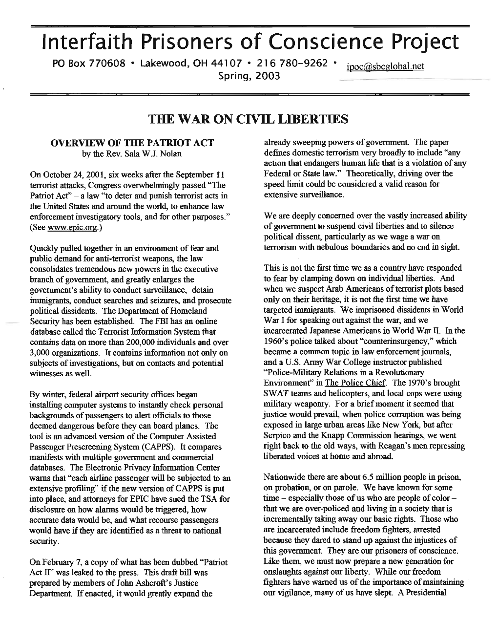 Interfaith Prisoners of Conscience Project PO Box 770608 • Lakewood, OH 44107 • 216780-9262 • Jppc@Sbcglobal.Net Spring, 2003 --—— •