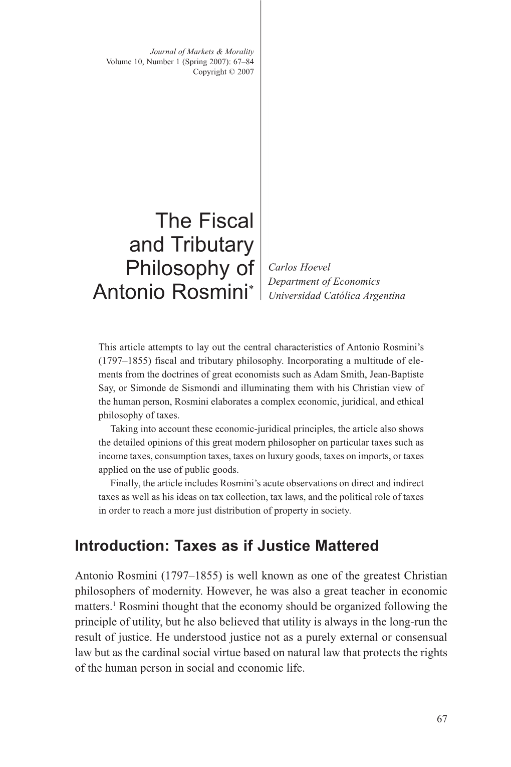 The Fiscal and Tributary Philosophy of Antonio Rosmini*