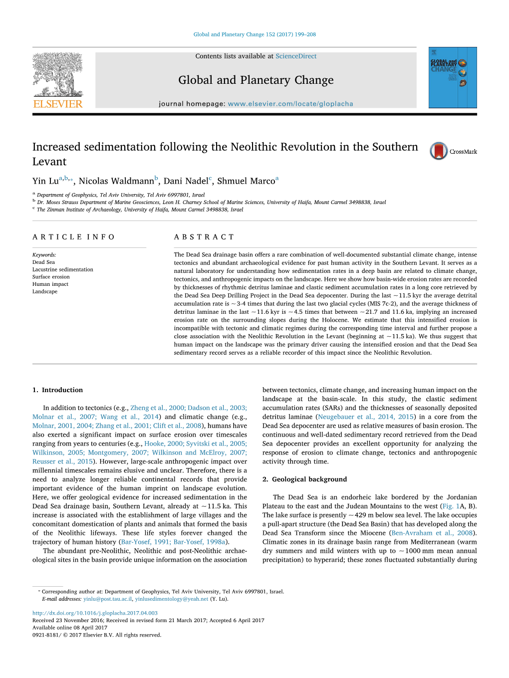 Increased Sedimentation Following the Neolithic Revolution in the Southern Levant MARK