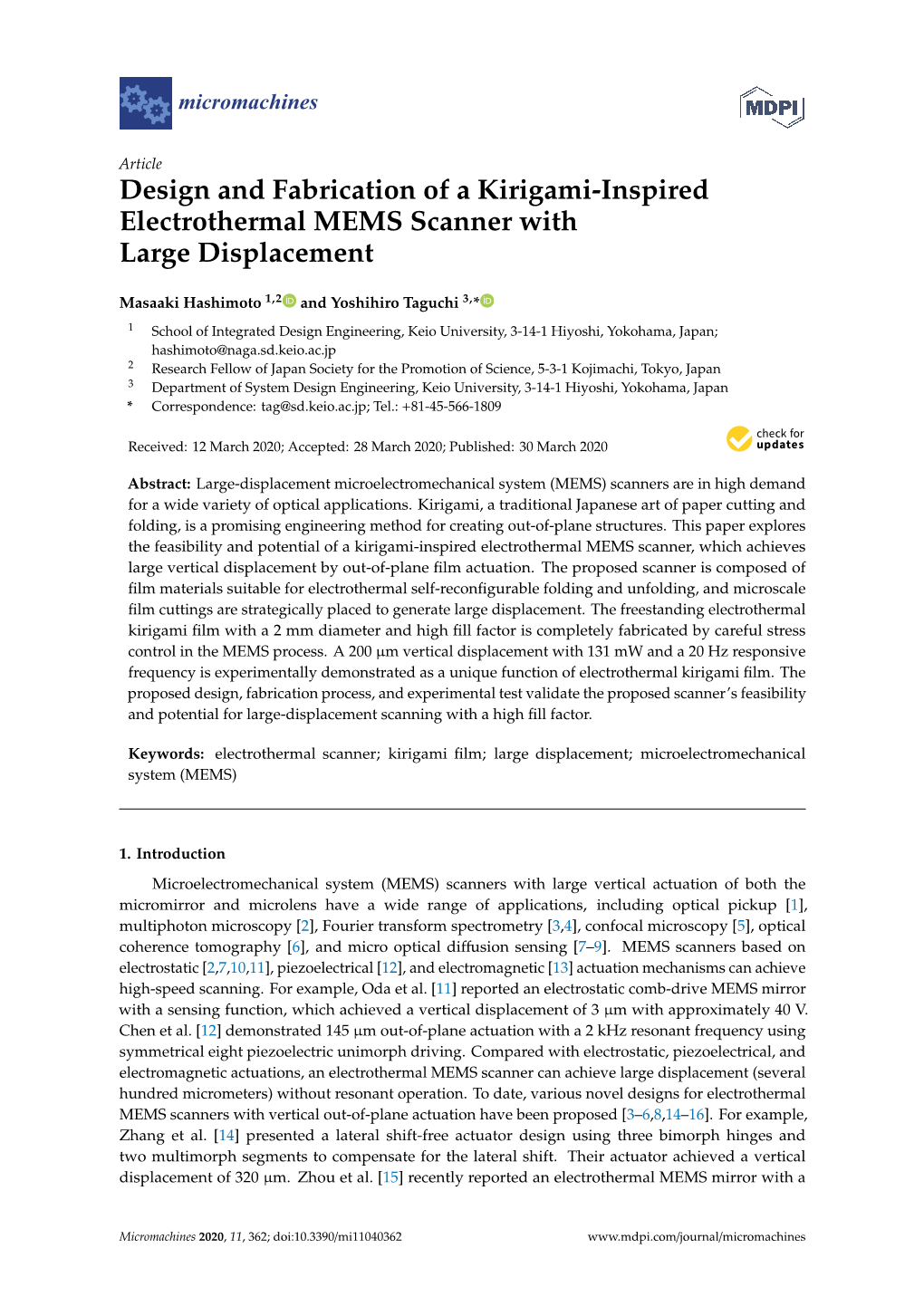 Design and Fabrication of a Kirigami-Inspired Electrothermal MEMS Scanner with Large Displacement