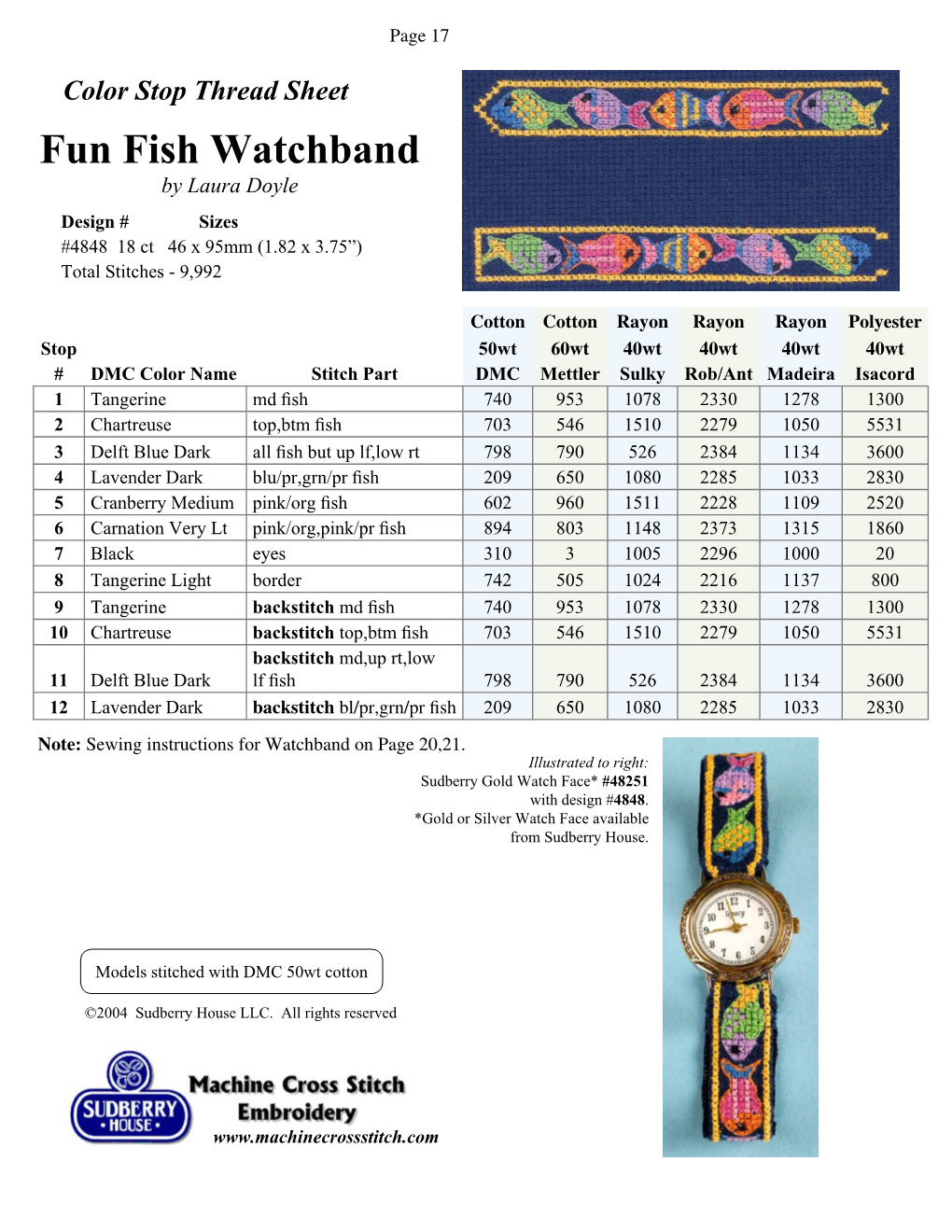 Fun Fish Watchband by Laura Doyle Design # Sizes #4848 18 Ct 46 X 95Mm (1.82 X 3.75”) Total Stitches - 9,992