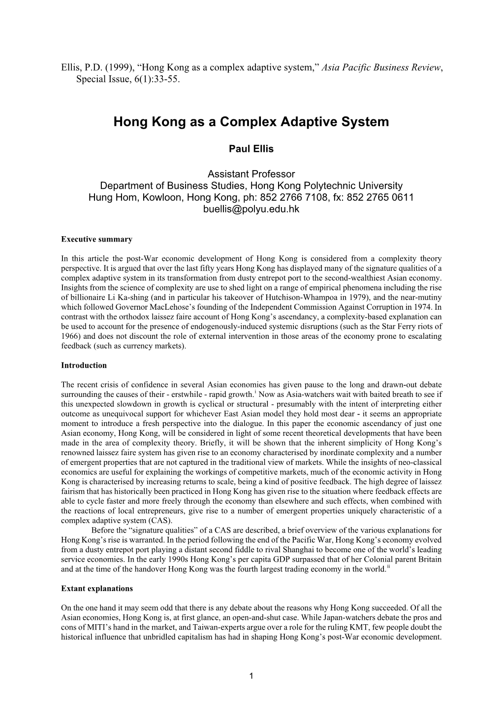 Hong Kong As a Complex Adaptive System,” Asia Pacific Business Review, Special Issue, 6(1):33-55