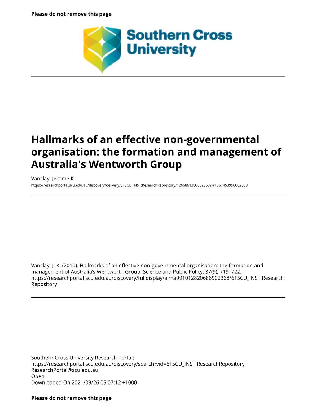 Hallmarks of an Effective Non-Governmental Organisation: the Formation and Management of Australia's Wentworth Group