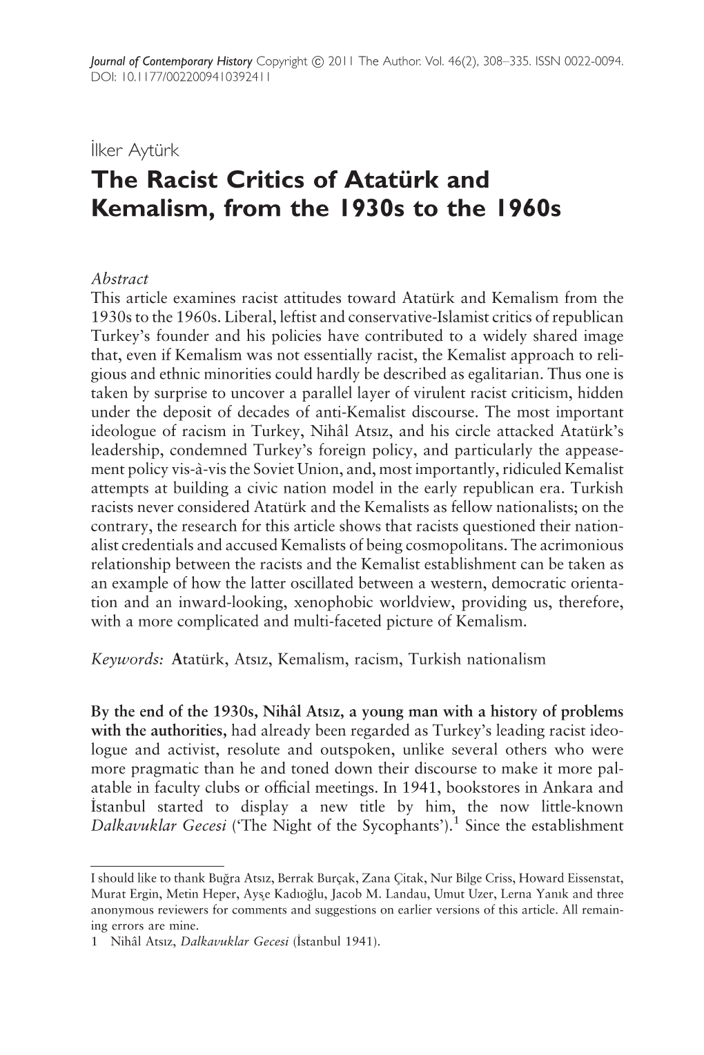 The Racist Critics of Atatu¨Rk and Kemalism, from the 1930S to the 1960S