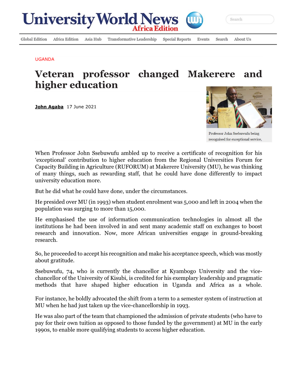 Veteran Professor Changed Makerere and Higher Education