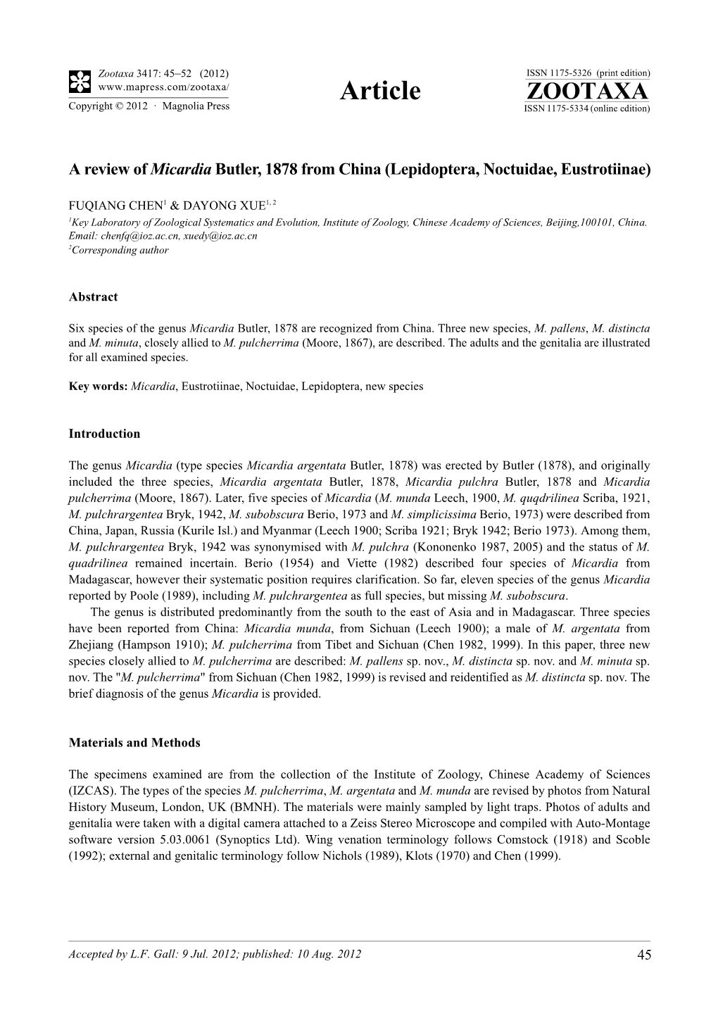 A Review of Micardia Butler, 1878 from China (Lepidoptera, Noctuidae, Eustrotiinae)