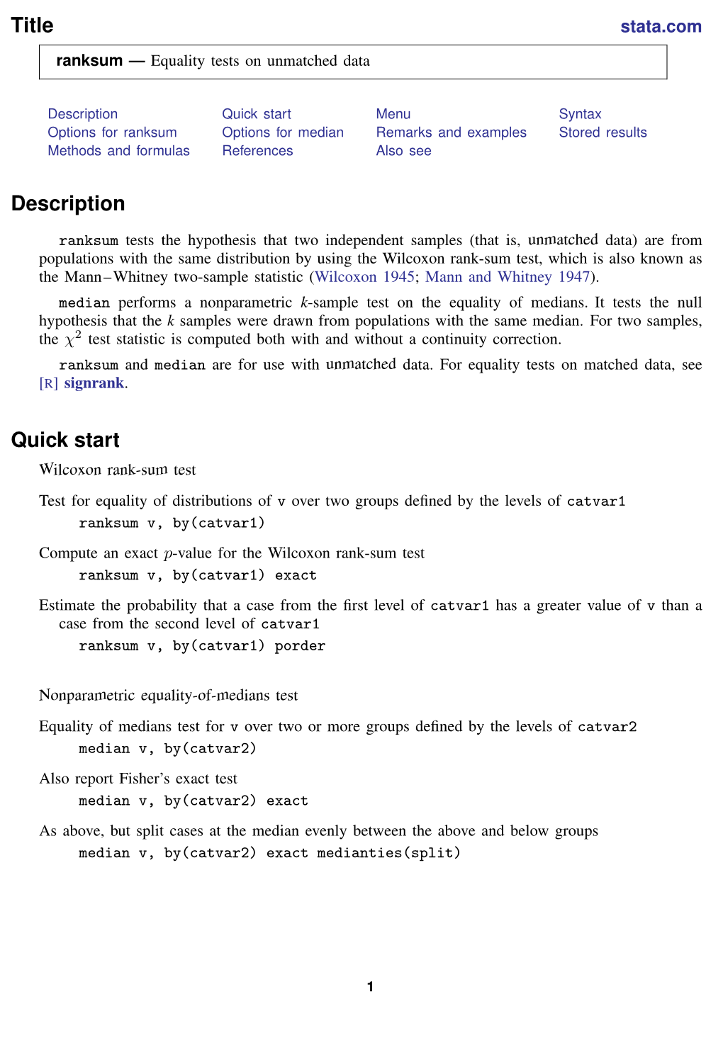 Ranksum — Equality Tests on Unmatched Data