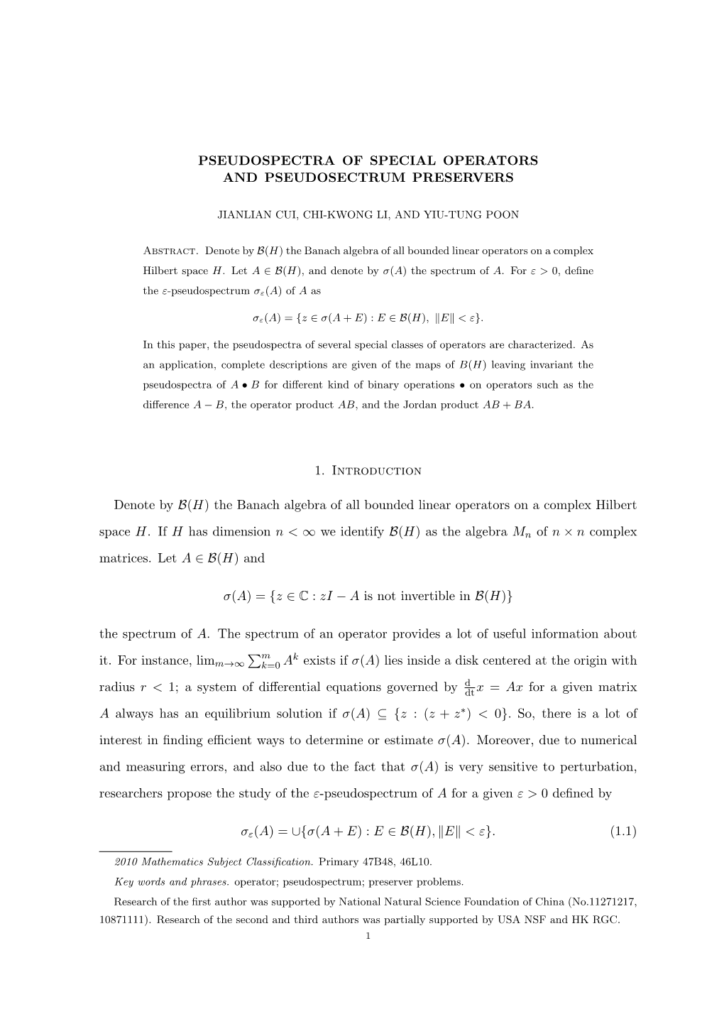 Pseudospectra of Special Operators and Pseudosectrum Preservers