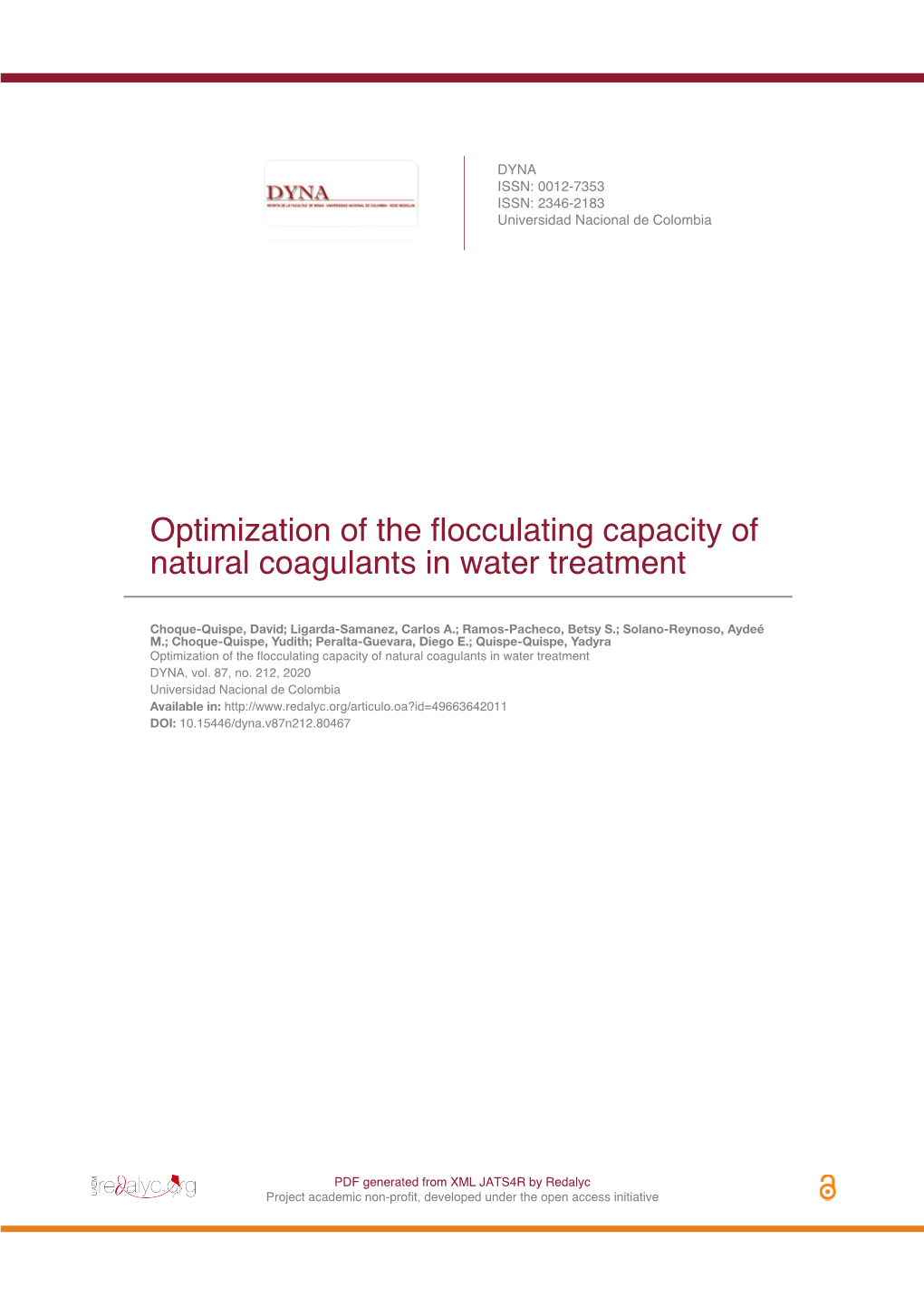 Optimization of the Flocculating Capacity of Natural Coagulants in Water Treatment