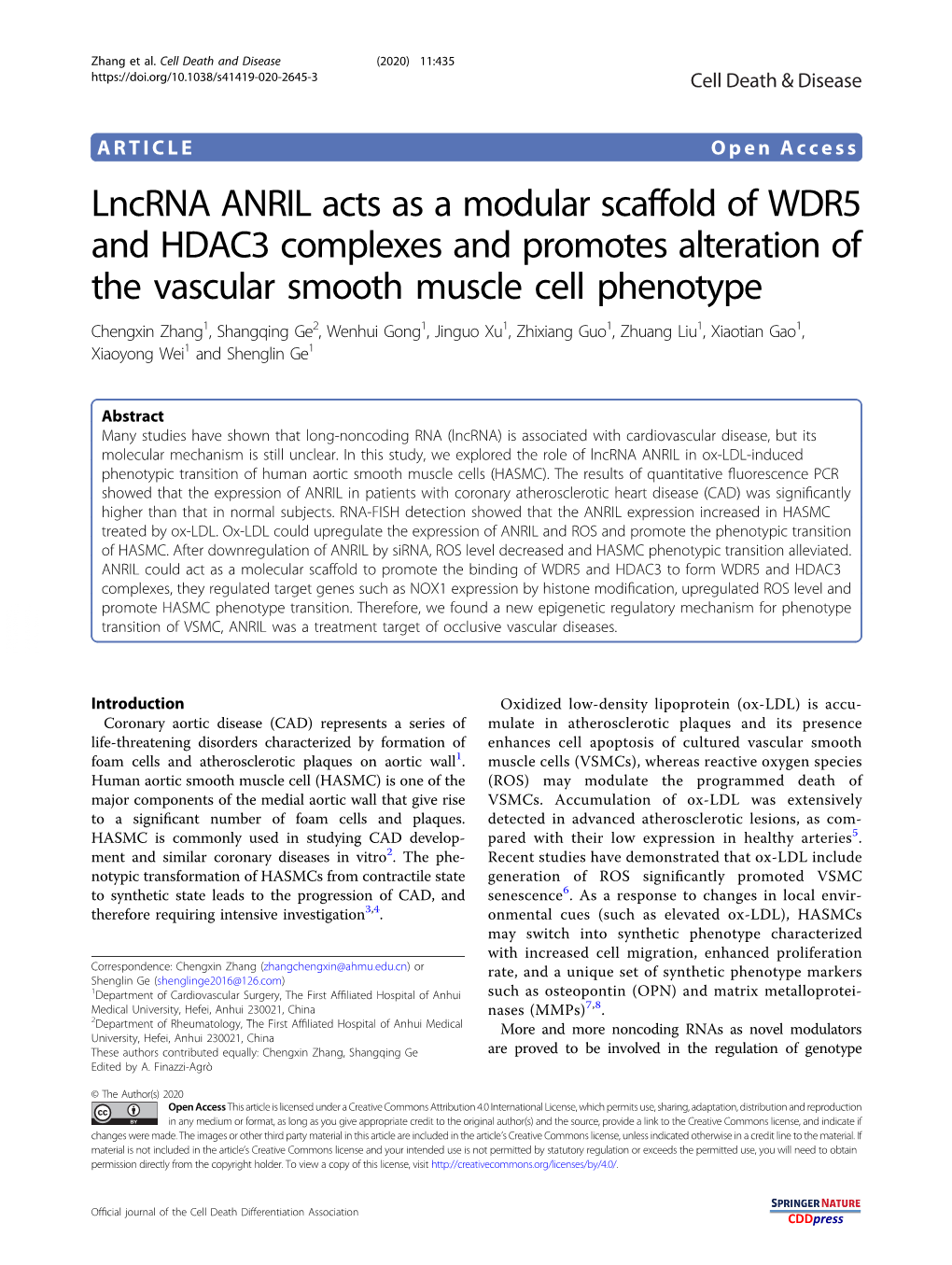 Lncrna ANRIL Acts As a Modular Scaffold of WDR5 and HDAC3 Complexes and Promotes Alteration of the Vascular Smooth Muscle Cell P