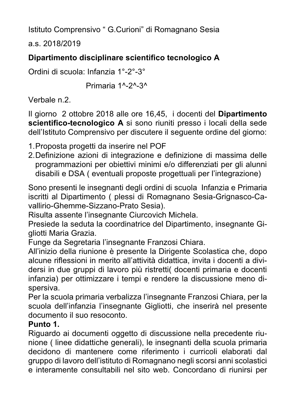 Di Romagnano Sesia As 2018/2019 Dipartimento Disciplinare Scientifico