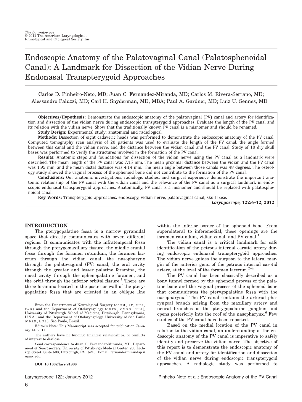 Endoscopic Anatomy of the Palatovaginal Canal (Palatosphenoidal Canal): a Landmark for Dissection of the Vidian Nerve During Endonasal Transpterygoid Approaches