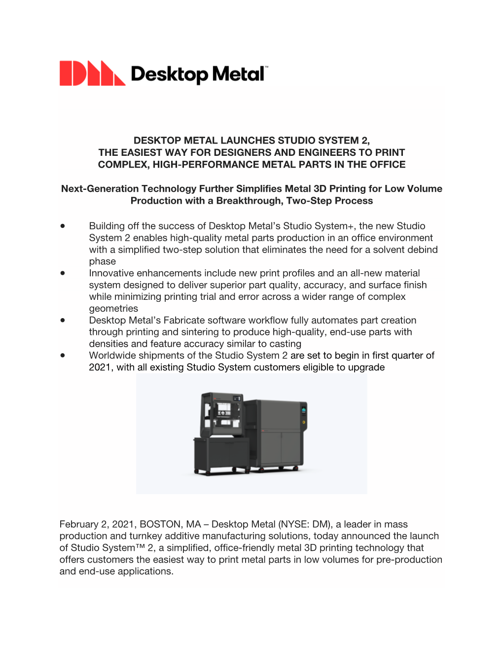 Desktop Metal Launches Studio System 2, the Easiest Way for Designers and Engineers to Print Complex, High-Performance Metal Parts in the Office