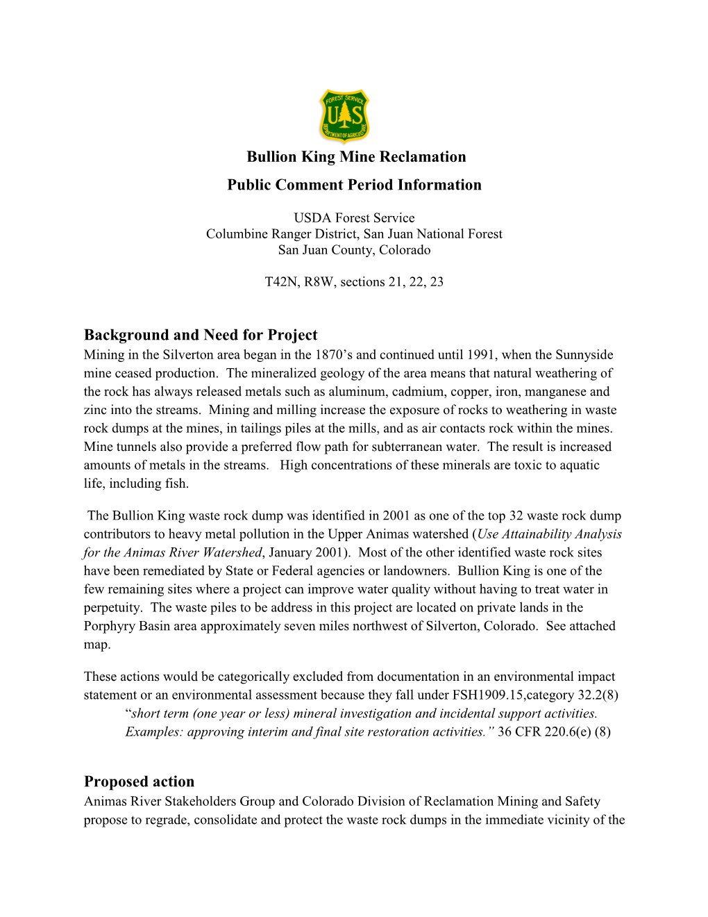 Bullion King Mine Reclamation Public Comment Period Information