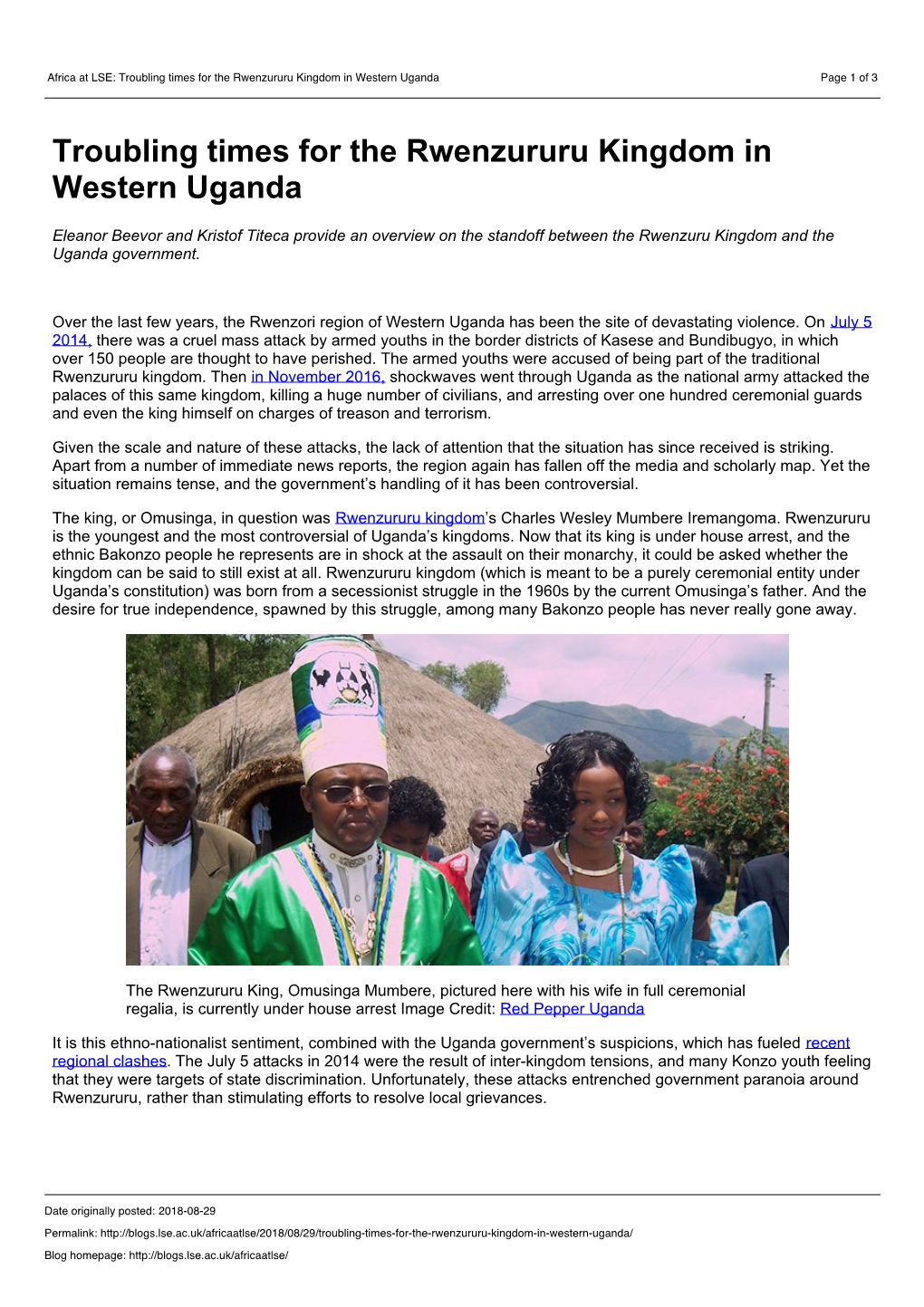 Troubling Times for the Rwenzururu Kingdom in Western Uganda Page 1 of 3
