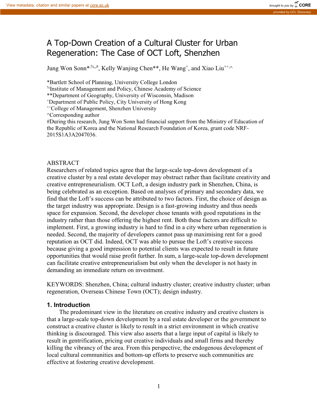 A Top-Down Creation of a Cultural Cluster for Urban Regeneration: the Case of OCT Loft, Shenzhen