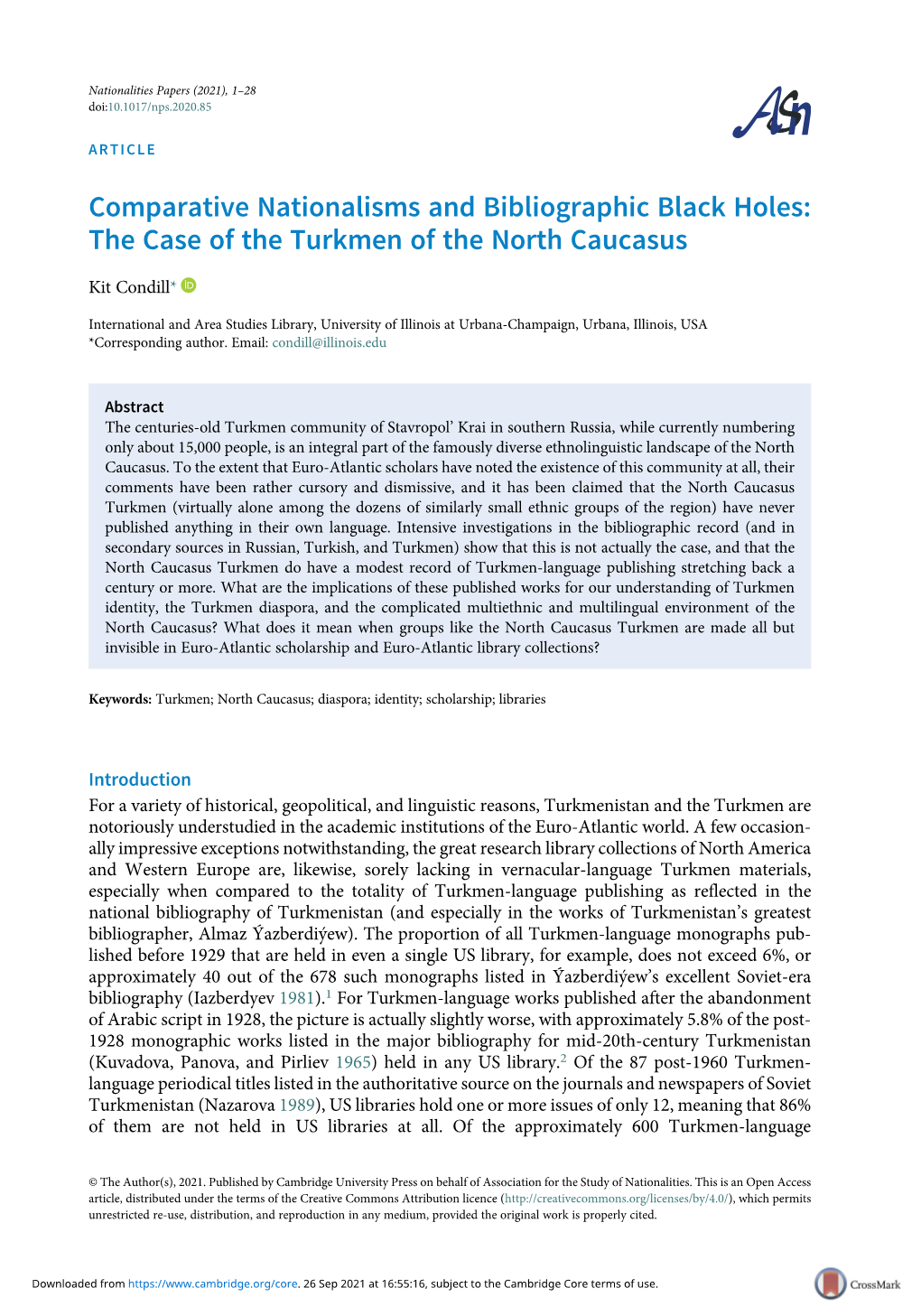 Comparative Nationalisms and Bibliographic Black Holes: the Case of the Turkmen of the North Caucasus