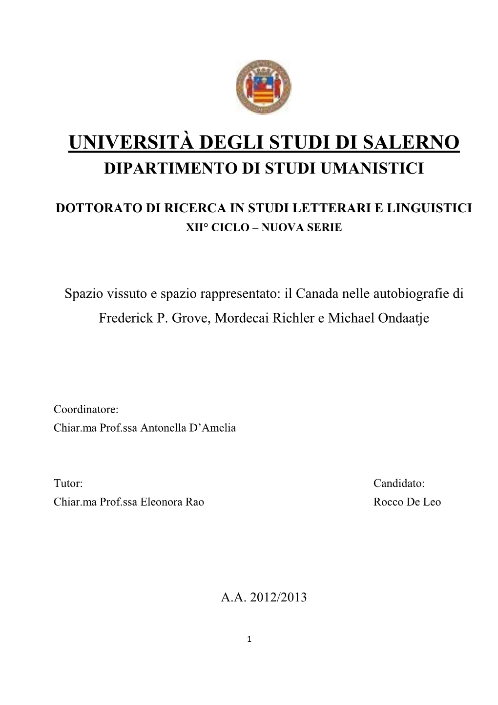 Università Degli Studi Di Salerno Dipartimento Di Studi Umanistici