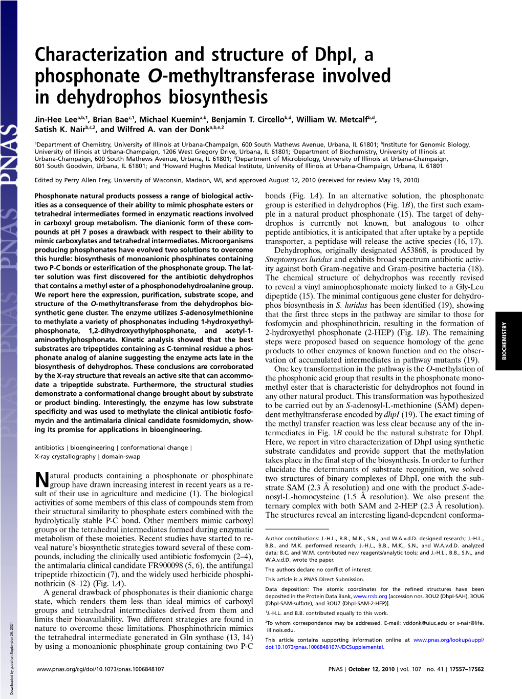 Characterization and Structure of Dhpi, a Phosphonate O-Methyltransferase Involved in Dehydrophos Biosynthesis
