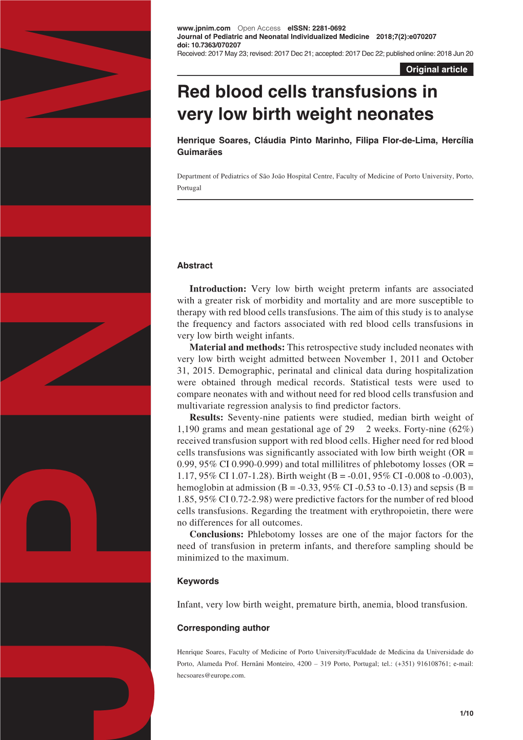 Red Blood Cells Transfusions in Very Low Birth Weight Neonates