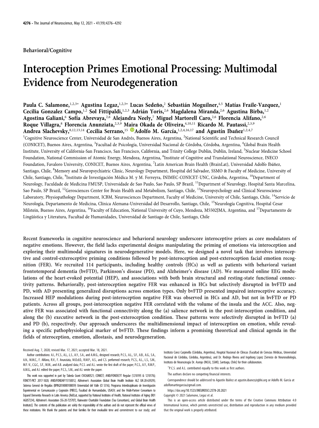 Interoception Primes Emotional Processing: Multimodal Evidence from Neurodegeneration