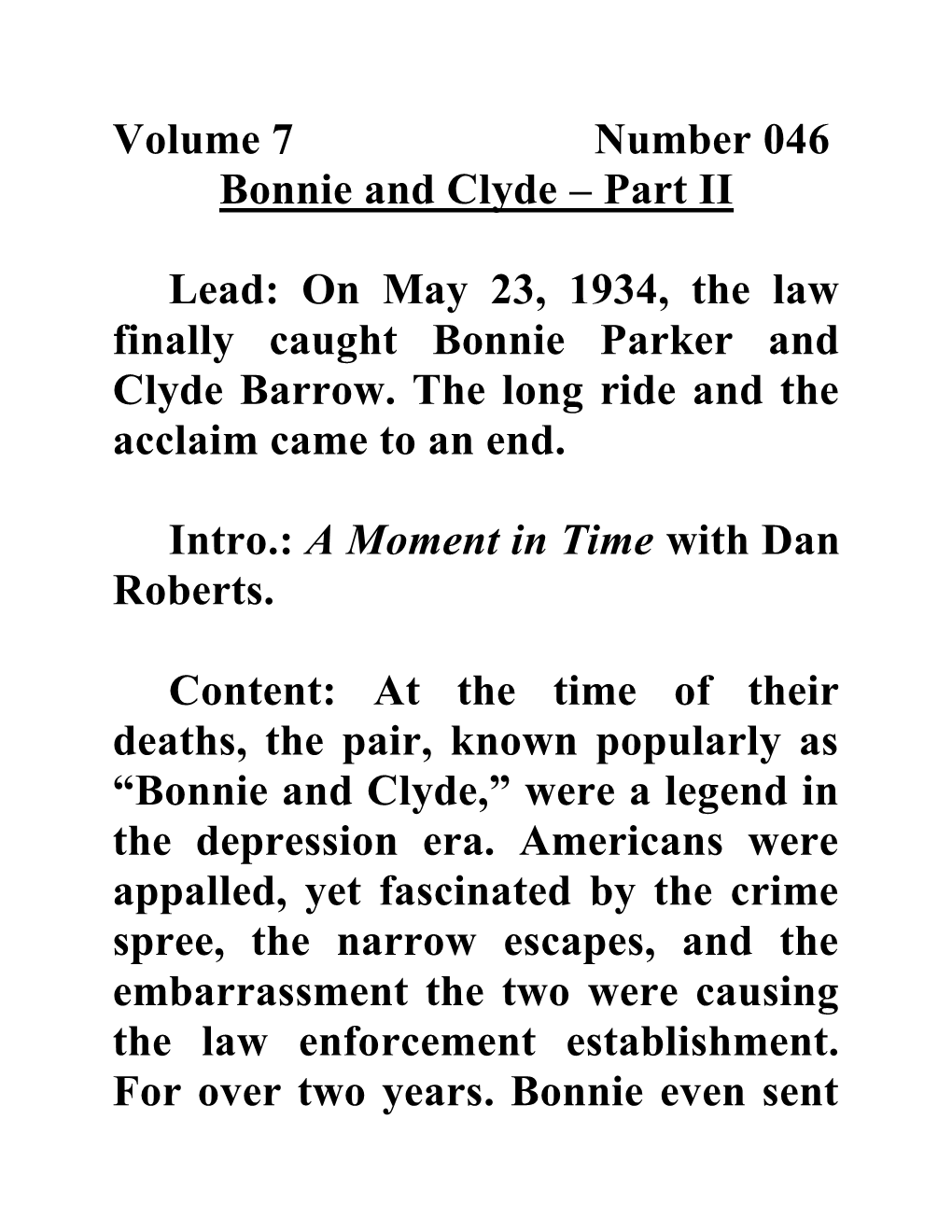 Volume 7 Number 046 Bonnie and Clyde – Part II