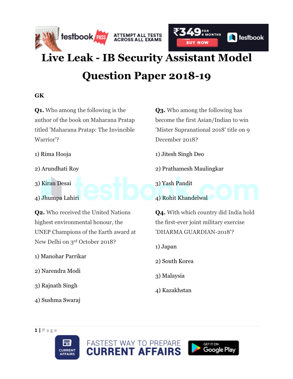 Live Leak - IB Security Assistant Model Question Paper 2018-19