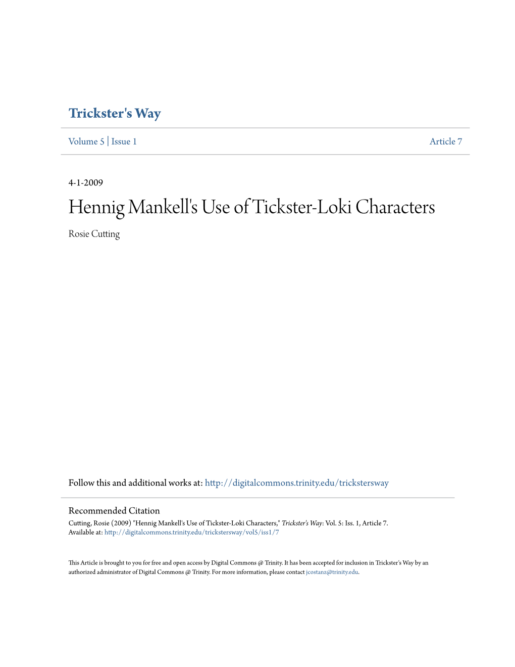 Hennig Mankell's Use of Tickster-Loki Characters Rosie Cutting