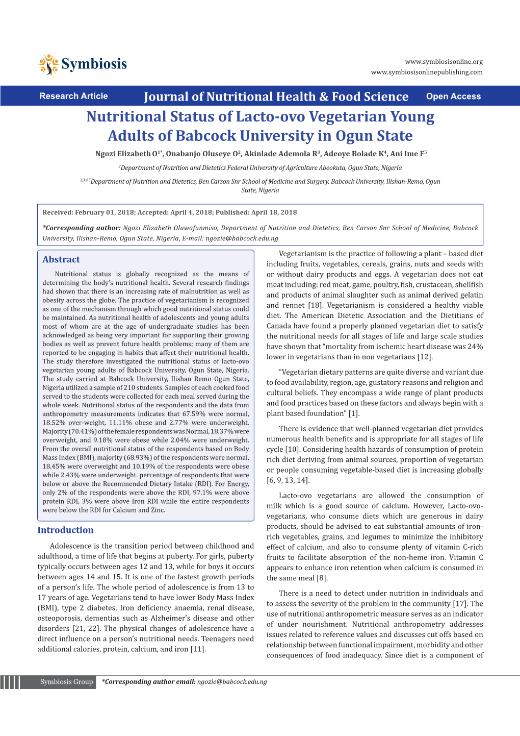 Nutritional Status of Lacto-Ovo Vegetarian Young Adults Of