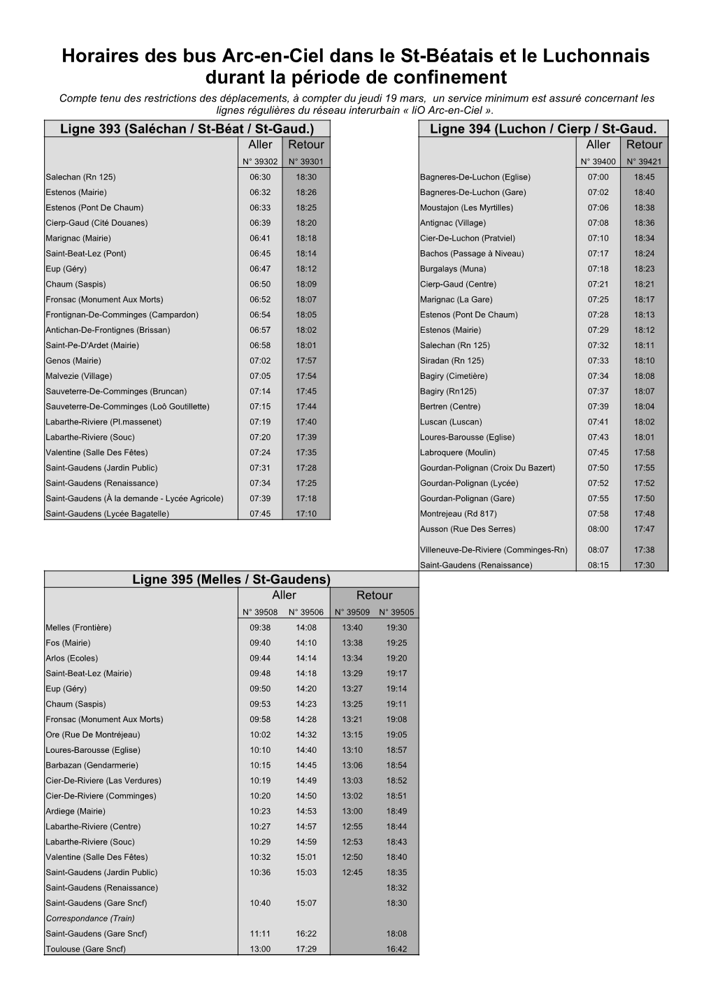 Horaires Des Bus Arc-En-Ciel Dans Le St-Béatais Et Le Luchonnais Durant La Période De Confinement