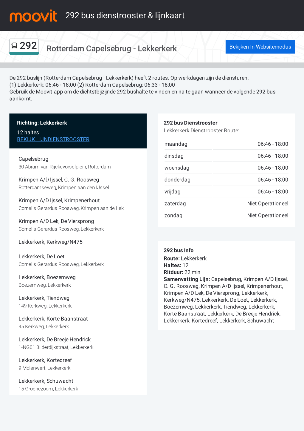 292 Bus Dienstrooster & Lijnroutekaart