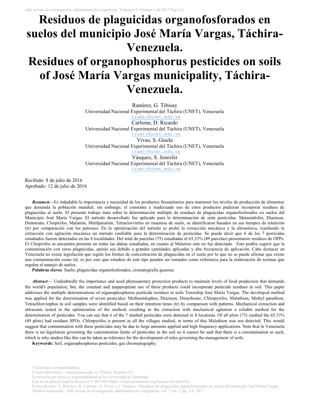 Residuos De Plaguicidas Organofosforados En Suelos Del Municipio José María Vargas, Táchira- Venezuela