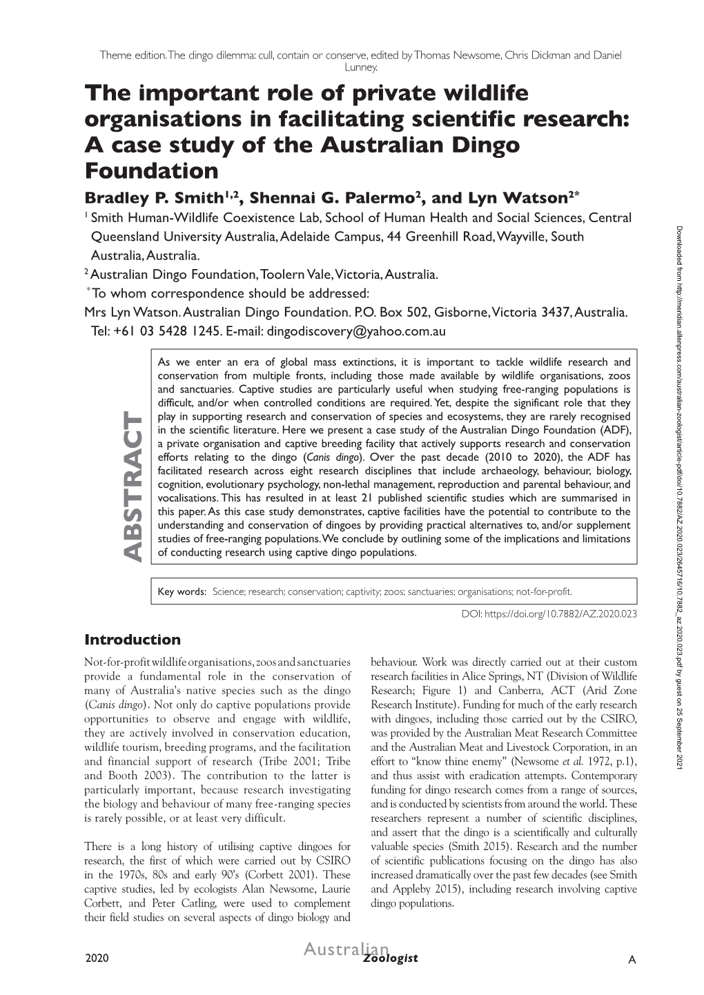 The Important Role of Private Wildlife Organisations in Facilitating Scientific Research: a Case Study of the Australian Dingo Foundation Bradley P