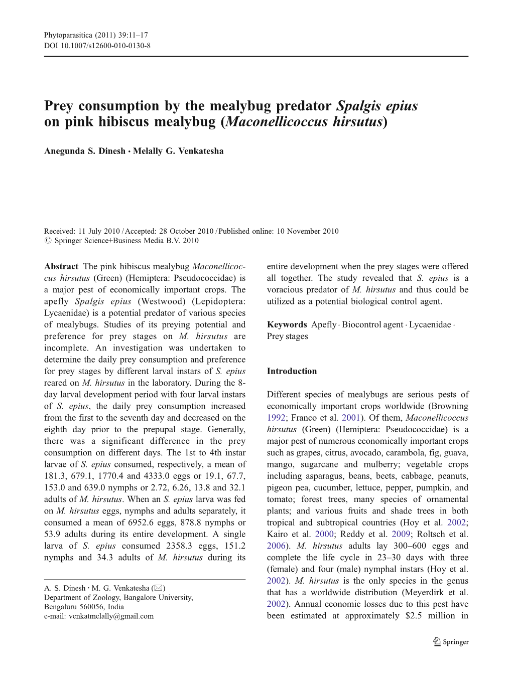 Prey Consumption by the Mealybug Predator Spalgis Epius on Pink Hibiscus Mealybug (Maconellicoccus Hirsutus)