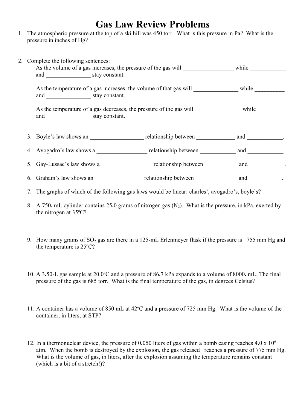 Gas Law Review Problems