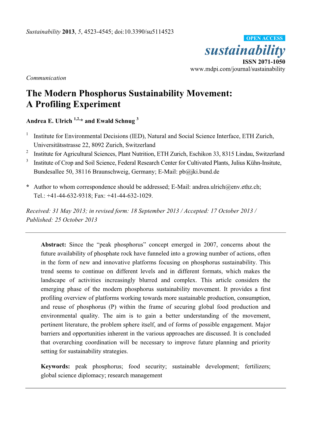 The Modern Phosphorus Sustainability Movement: a Profiling Experiment