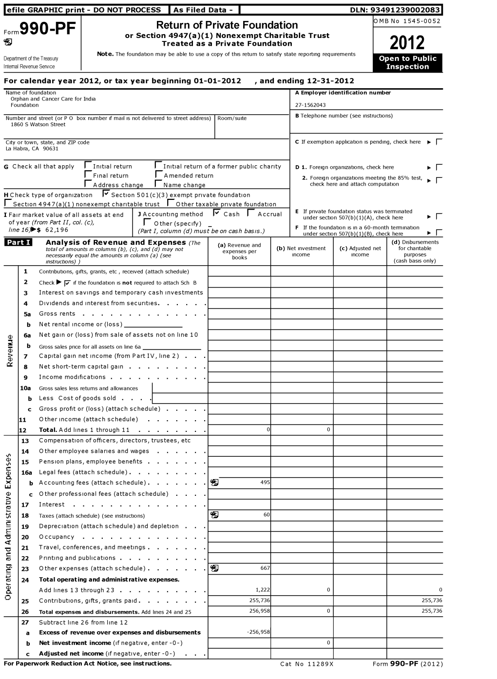 Return of Private Foundation OMB No 1545-0052 Form 990 -PF Or Section 4947( A)(1) Nonexempt Charitable Trust ` Treated As a Private Foundation 2012 Note