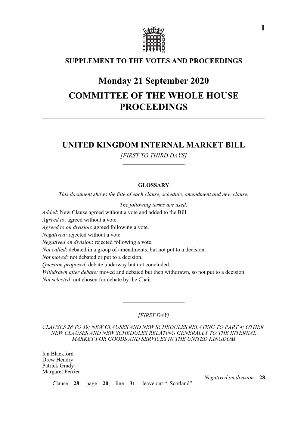 Monday 21 September 2020 COMMITTEE of the WHOLE HOUSE PROCEEDINGS