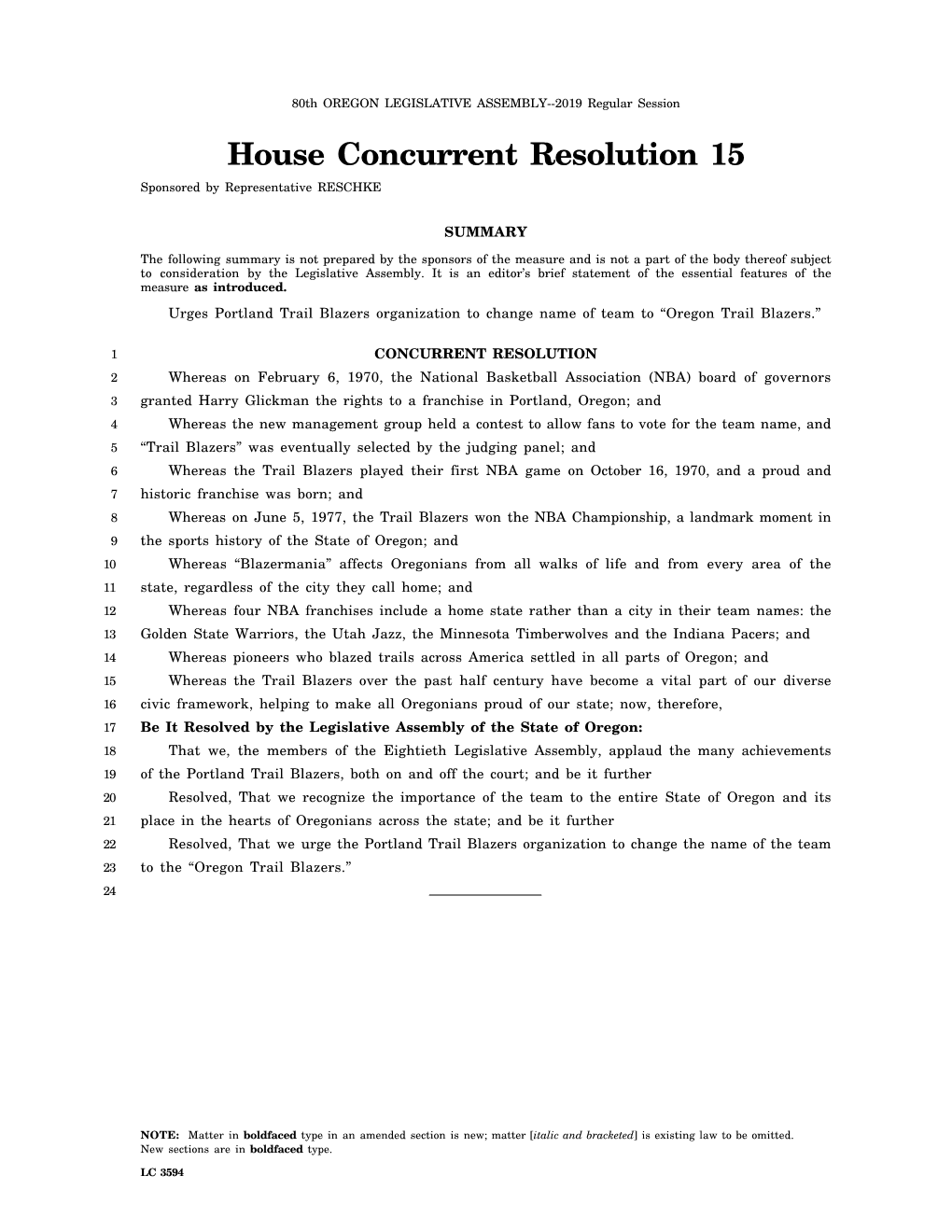 House Concurrent Resolution 15 Sponsored by Representative RESCHKE