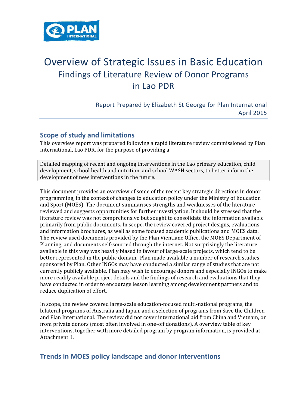 Overview of Strategic Issues in Basic Education Findings of Literature Review of Donor Programs in Lao PDR